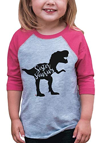 7 ate 9 Apparel Youth Dinosaur Sistersaurus Pink Baseball Tee Medium