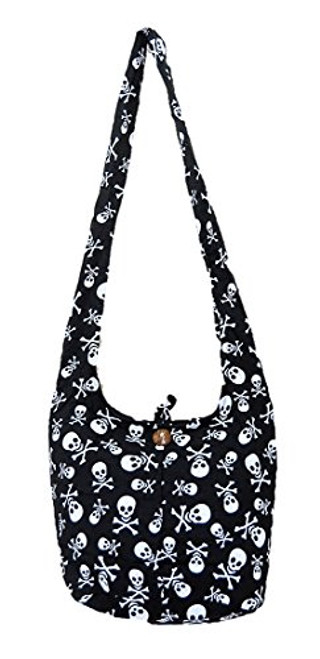 Thai Hippie Hobo Sling Crossbody Shoulder Bag Purse Handmade Zip Black Skull Cotton Gypsy Boho Messenger Medium M745