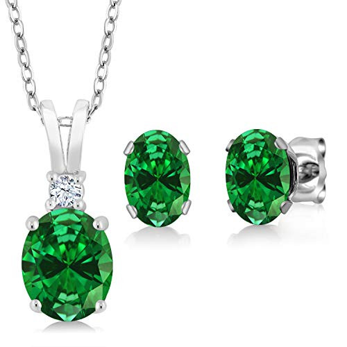 Gem Stone King 4 63 Ct Oval Green Simulated Emerald 925 Sterling Silver Pendant Earrings Set