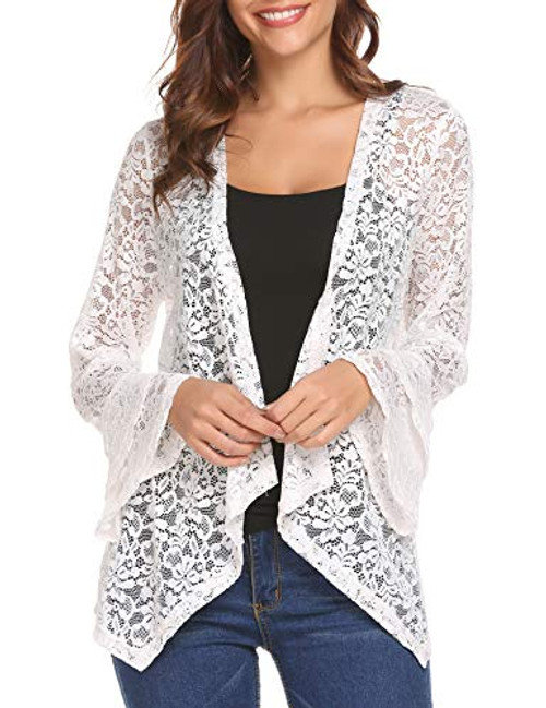 Deawell 3 4 Sleeve Cardigan Womens Plus Size Lace Crochet Jacket Open Front Cover Up White XXL Deawell 3 4 Sleeve Cardigan Womens Plus Size Lace Crochet Jacket Open Front Cover Up White XXL