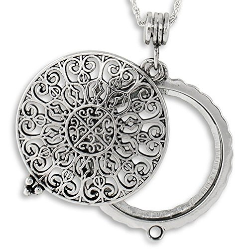 Artisan Owl Ornate Filigree 4X Magnifier Magnifying Glass Sliding Top Magnet Pendant Necklace 30  Silver Tone