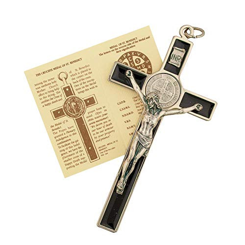 Vatican Imports St  Benedict Wall Crucifix with Colored Enamel and Booklet Explaining The St  Benedict Medal Black