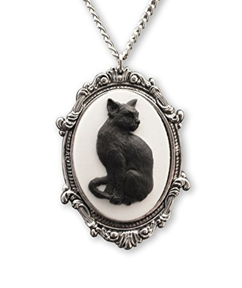 Black Cat Cameo in Antique Silver Finish Pewter Frame Pendant Necklace Black Cat Cameo in Antique Silver Finish Pewter Frame Pendant Necklace