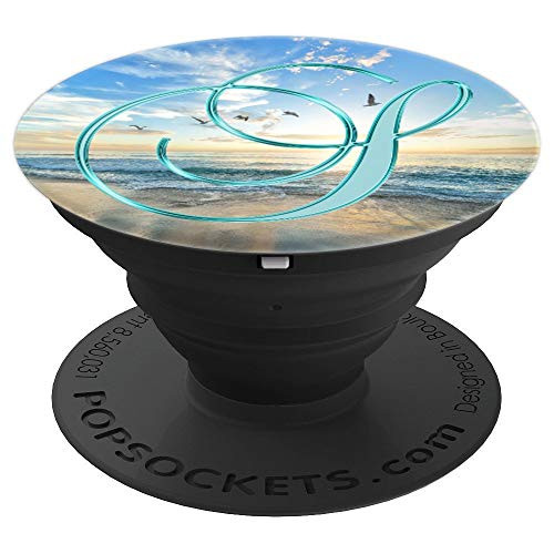 S Teal Beach Ocean Sand Waves Sunset Monogram Initial Letter PopSockets Grip and Stand for Phones and Tablets
