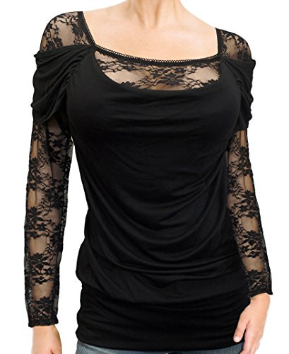 eVogues Plus Size Floral Lace Sleeve Top Black  1X