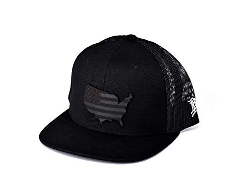 Branded Bills  Midnight Patriot  Dark Leather Patch Hat Flat Trucker  One Size Fits All Black/Black