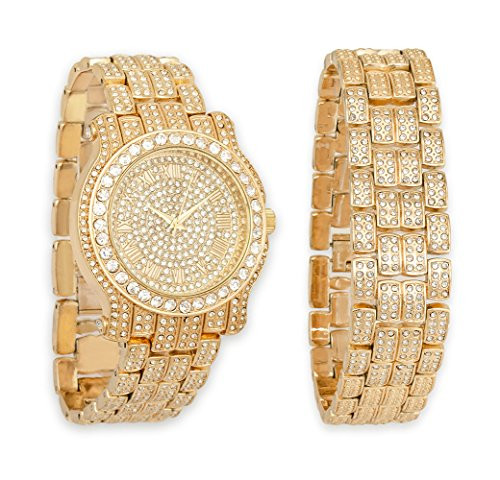 Gold Iced Out Pave Watch  Matching Bracelet Bling Gift Set