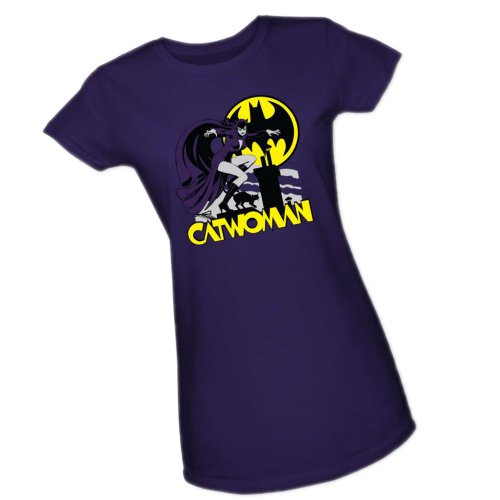 DC Comics Rooftop Cat  Catwoman Crop Sleeve Fitted Juniors TShirt Medium Purple