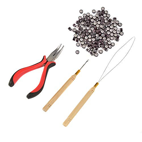 Hair Extension Tools Kit  Plier  Pulling Hook  Bead Device Tool Kits with 200 Pieces 5mm Silicone Lined Micro Rings 200Pcs Dark Brown Beads