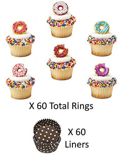 DONUT Cupcake Toppers and Liners  Doughnut Topper Rings with Coordinating Brown Polka Dot Baking Cups  Enough for 60 Cupcakes