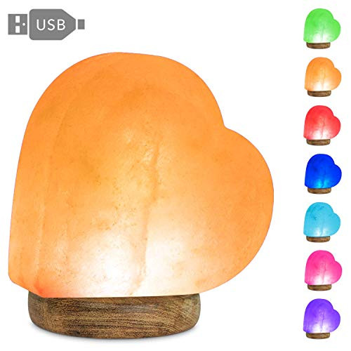 Magic Salt USB Mini Himalayan Salt Heart Lamp (1-2 lbs) Natural Air Purifier with Multi Color Changing LED and Neem Wood Base - Hand Carved Hymalain Pink Salt Crystal Heart USB Powered Night Lamp