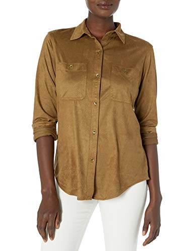 Chaps Women s Plus Size Soft Faux Suede Button Down Fashion Shirt River Rock 2X