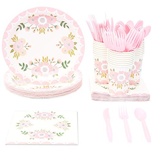 Pink Floral Party Supplies Paper Plates Napkins Cups and Plastic Cutlery Serves 24 144 Pieces