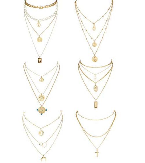 Thunaraz 6Pcs Gold Layered Choker Necklaces for Women Girls Moon Pearl Coin Pendant Necklace Set Multilayer Adjustable Chain Necklace Thunaraz 6Pcs Gold Layered Choker Necklaces for Women Girls Moon Pearl Coin Pendant Necklace Set Multilayer Adjustable Chain Necklace