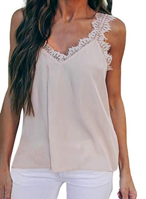 Tiksawon Womens Lace Spaghetti Strap V Neck Cami Tank Tops Loose Fit Casual Chiffon Sleeveless Shirts Blouses Apricot L Tiksawon Womens Lace Spaghetti Strap V Neck Cami Tank Tops Loose Fit Casual Chiffon Sleeveless Shirts Blouses Apricot L