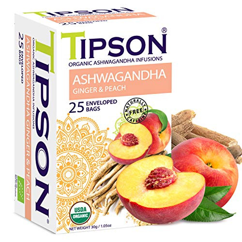 Tipson Organic Ashwagandha Tea Infusions  Ginger  Peach  25 Premium Tea Bags  Caffeine Free  Non GMO  Gluten free by Tipson