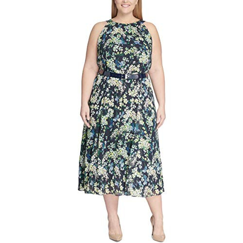 Tommy Hilfiger Womens Plus Madeline Chiffon Floral Midi Dress Navy 14W