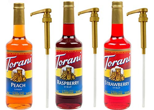 Torani Syrup Raspberry Strawberry and Peach 25 4 Ounce 3 pack Plus 3 Torani Syrup Pumps for Torani 25 4 Ounce Bottles Torani Syrup Raspberry Strawberry and Peach 25 4 Ounce 3 pack Plus 3 Torani Syrup Pumps for Torani 25 4 Ounce Bottles