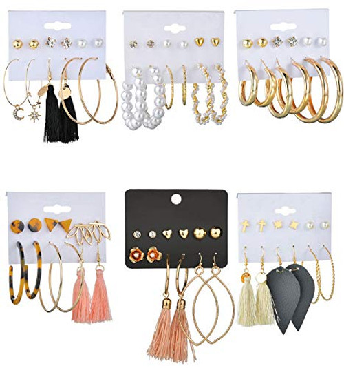 Tornito 36 Pairs Bohemian Acrylic Hoop Stud Layered Ball Drop Dangle Leopard Hoop Earring Leather Leaf Earrings Tassel Earrings Set for Women Girls
