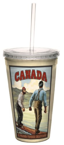 TreeFree Greetings cc33353 Nostalgic Canada Log Rollers by Paul A  Lanquist Artful Traveler DoubleWalled Cool Cup with Reusable Straw 16Ounce