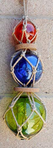 MDI Set of 3 Roped Buoy with Three Assorted Colored Glass Buoys Nautical Decor Hanging Ornament Decor Amber Blue Green Buoy Set