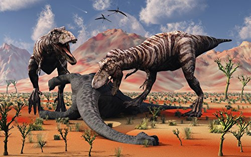 Posterazzi A pair of juvenile T  Rex family feeding on the remains of a dead sauropod dinosaur Poster Print 17 x 11
