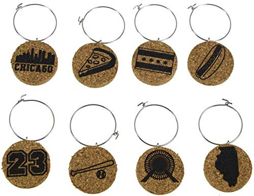 Chicago Wine Charms 20 Unique Sets Cork Wine Glass Charms Set of 8 Chicago Charms Chicago Themed Gifts/Souvenirs  Wine Glass Accessories Chicago Wine Gift Basket for Wine Lover  Drink Marker