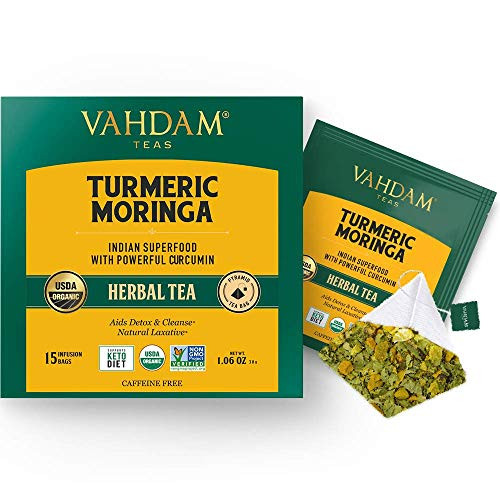 VAHDAM Organic Turmeric  Moringa SUPERFOOD Herbal Tea 30 Count  USDA Certified India s Ancient Medicine Blend of Turmeric  Garden Fresh Spices  Turmeric Herbal Detox Tea Bags For Immune Support