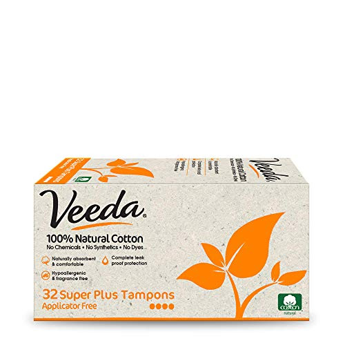 Veeda 100 Natural Cotton Applicator Free Tampons Super Absorbent Comfort Digital Super Plus Tampons Chlorine Toxin and Pesticide free 32 Count