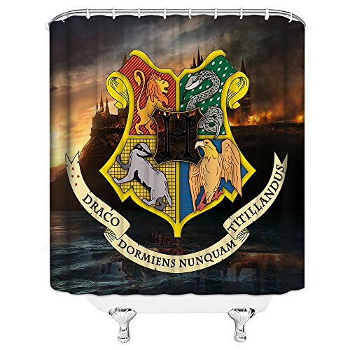 AMHNF Shower Curtain Creative Harry Potter Black Orange Sky Magic Castle Personality Simple Hogwarts Magic Academy Badge Cool Shower Curtains Hanging Curtain 70x70 Inches Send Hook Bathroom Curtain