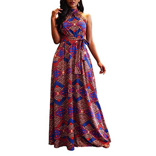 VERWIN Floor Length LaceUp High Waist Stand Collar Sleeveless Women s Maxi Dress Print Dress Brown Large Red