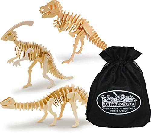 Toysmith 3D Dinosaur Wood Puzzle Kits T-Rex, Brontosaurus & Parasaurolophus Gift Set Bundle with Bonus Matty's Toy Stop Storage Bag - 3 Pack