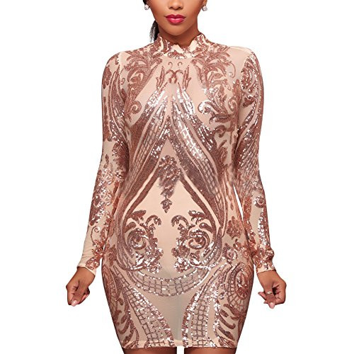 Aro Lora Women s High Neck Sequin Long Sleeve Club Bodycon Party Mini Dress Large Apricot Aro Lora Women s High Neck Sequin Long Sleeve Club Bodycon Party Mini Dress Large Apricot