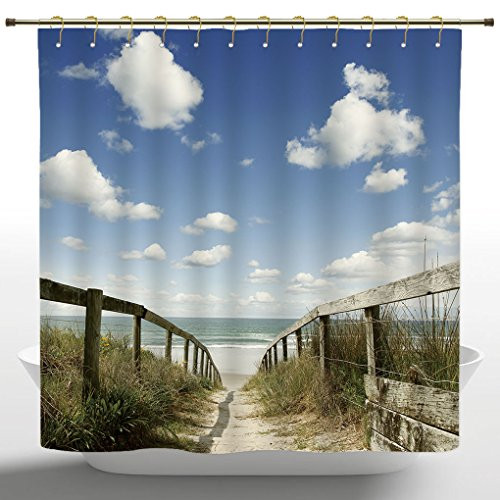 Upscale Shower Curtain by iPrint,Seaside Decor Collection,Sandy Path Leads to Ocean Pacific Puffy Clouds Vacation Serene Restful Quite Beach,Cream Blue White,Bathroom Accessories,with Hooks,72W X 72L