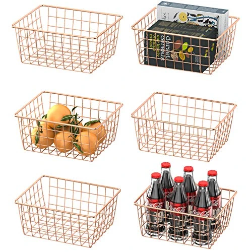 Wire Basket Warmfill 6 Pack Wire Baskets for Storage Durable Metal Storage Baskets Pantry Organizer Bins Baskets for Kitchen Cabinets Pantry Bathroom Countertop Closets Rose Gold