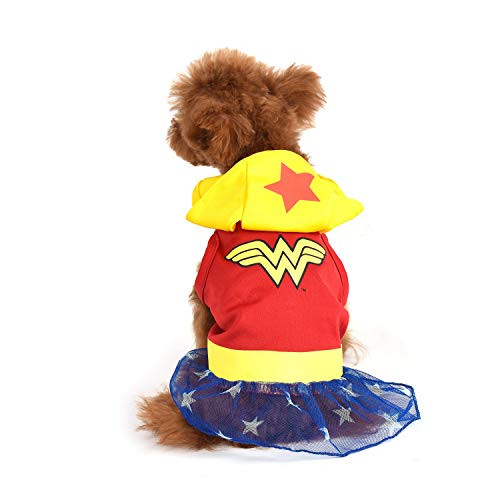 DC Comics Wonder Woman Dog Costume Small S  Hooded Superhero Costume for Dogs  Red Yellow and Blue Wonder Woman Costume Dog Halloween Costumes for Small Dogs  See Sizing Chart for More Info