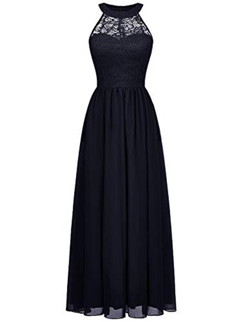 Wedtrend Halter Floral Lace Long Chiffon Bridesmaid Dress Cocktail Party Formal Maxi Dress WT0201NavyXL