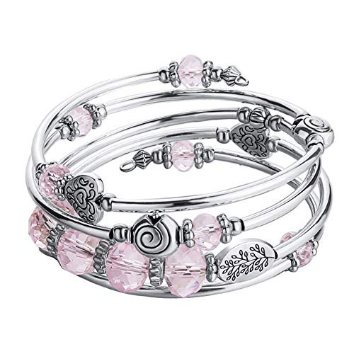 Bead Crystal Wrap Bangle Bracelet  Fashion Jewelry Pearl Bracelet with Silver Metal Gifts for Women Pink
