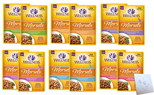 Wellness Healthy Indulgence Morsels in Sauce  Six Total Flavors Salmon  Tuna Duck  Turkey Tuna Chicken  Turkey Salmon and Chicken Liver Plus Pet Paws Notepad 12 Pouches Total 3oz Each