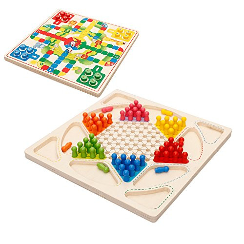 Drizzle Ludo Board Game & Chinese Checkers 2 in 1 Natural Wooden Board Flying Chess Family Game for Adults and Kids