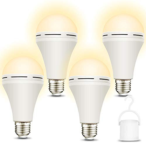 4 Pack EmergencyLightBulbRechargeable 3000K Soft White LED Light Bulbs with Battery Backup Stay Lighting When Power Failure 1200mAh 15W 80W Equivalent LED Light Bulb for Home Emergency Lighting
