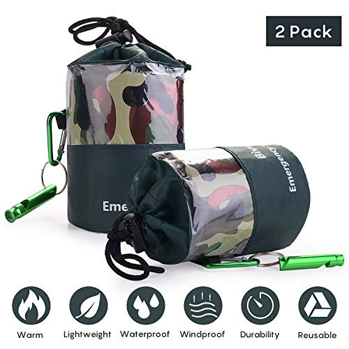 EAmber Emergency Survival Sleeping Bag Woodland Camo Bivy Sack Ultralight Waterproof Thermal Space Blanket Survival Kits with Carabiner Whistle for Camping Hiking Outdoor Emergency Shelter2 Pack