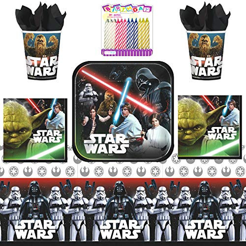 Classic Star Wars Party Supplies Pack Serves 16 9  Plates Luncheon Napkins Cups and Table Cover with Birthday Candles Bundle for 16