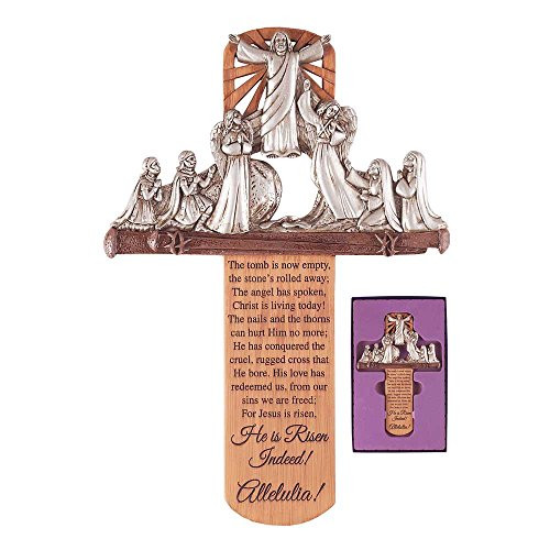 He is Risen Indeed Alleluia 10 x 6 Inch Resin Stone Wall Cross