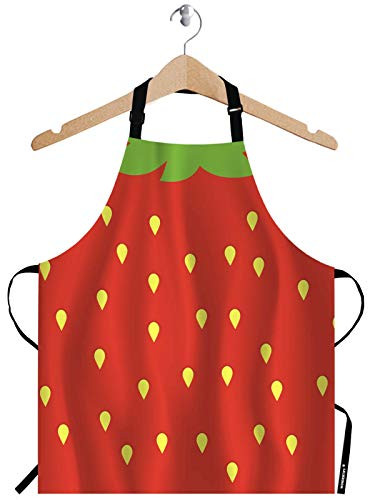 WONDERTIFY Strawberry ApronFresh Fruit with Yellow Seed and Green Leaf Red Bib Apron with Adjustable Neck for Men WomenSuitable for Home Kitchen Cooking Waitress Chef Grill Bistro Baking BBQ Apron