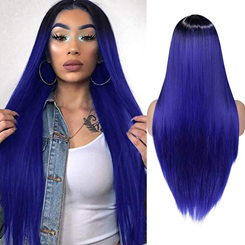 WIGER Ombre Blue Wig Long Straight Colored Hair Synthetic Wigs Middle Part Natural Looking Heat Resistant Party Cosplay Costume Full Wigs for Women Girls