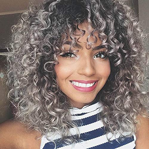 ELIM Short Curly Wigs for Black Women Ombre Silver Kinky Synthetic Hair Wig Natural Looking Heat Resistant Wigs with Wig Cap Z178S ELIM Short Curly Wigs for Black Women Ombre Silver Kinky Synthetic Hair Wig Natural Looking Heat Resistant Wigs with Wig Cap Z178S