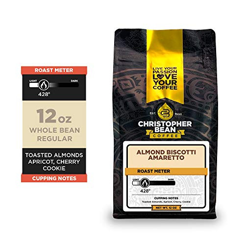 Christopher Bean Coffee  Amaretto Almond Biscotti Flavored Coffee Regular Whole Bean 100 Arabica No Sugar No Fats Made with NonGMO Flavorings 12Ounce Bag of Regular Whole Bean coffee