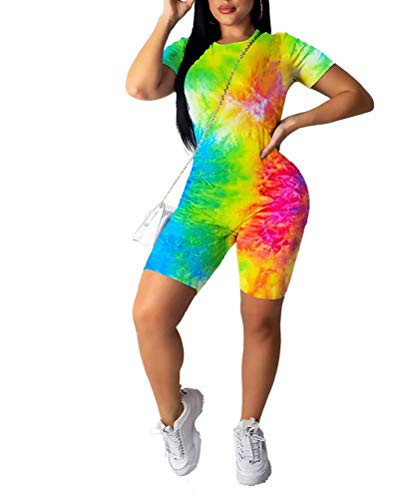 Women Casual 2 Piece Outfits Tie Dye TShirts Biker Short Sets Juniors Jogger Sweatsuit Jumpsuit Tracksuit Colorful L