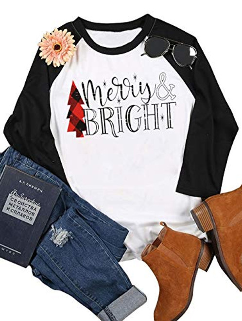 JINTING Merry and Bright Shirt Christmas Shirt for Women Christmas Raglan Shirts Plus Size M Black